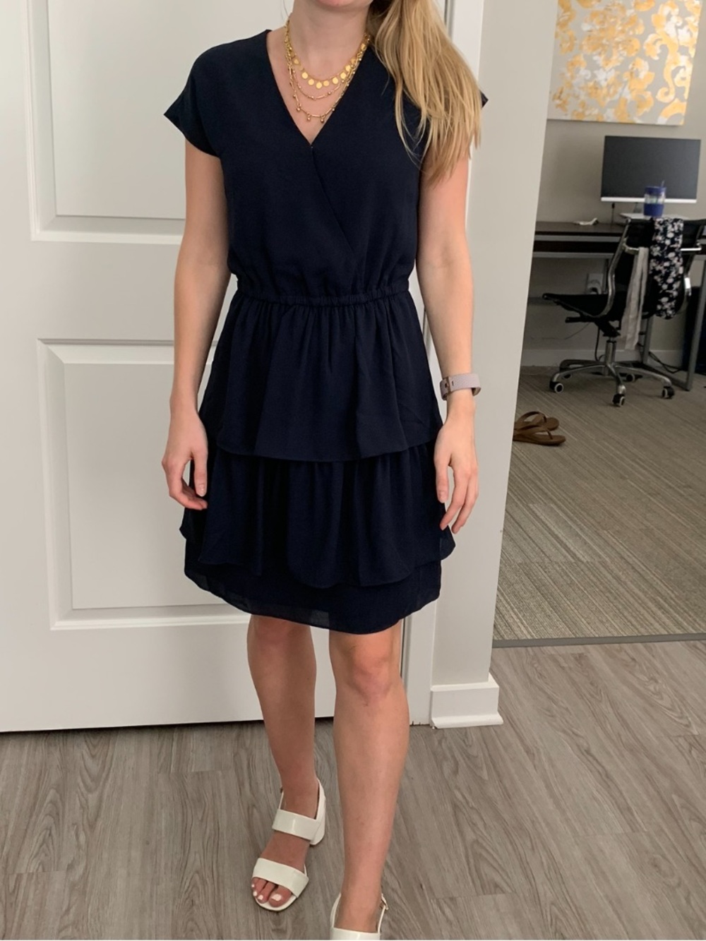 J. Crew Point Sur label Women's Navy Tiered V-Neck Chiffon Dress